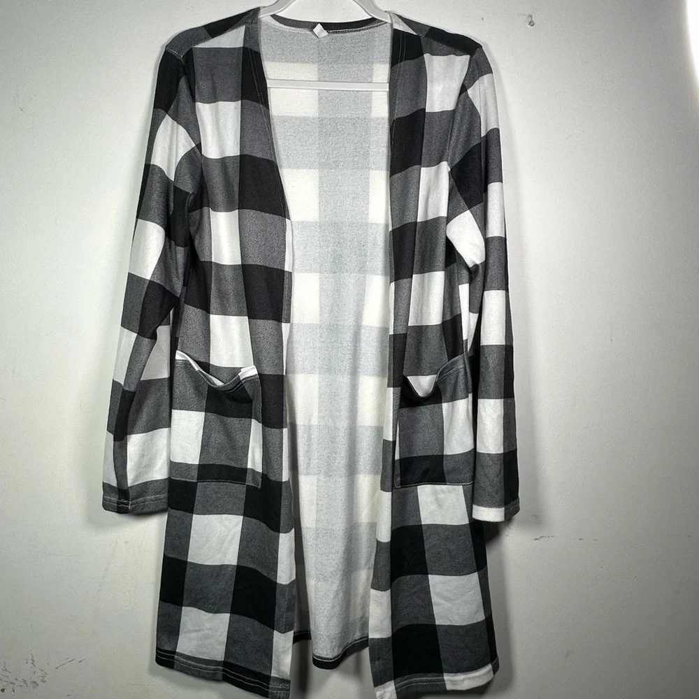 Womens Black White Buffalo Plaid Long Duster Open Cardigan Sweater Coat Jacket S